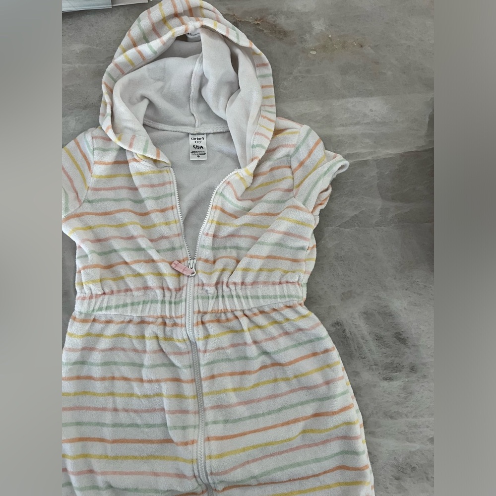 Carter’s rainbow stripe zip up short sleeve terry swim cover up, 5t